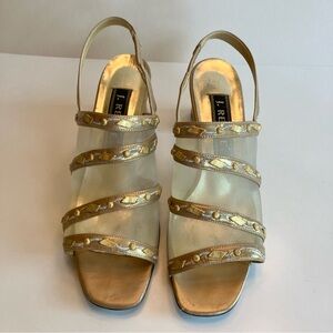 Vintage J.Renee Gold Leather & Mesh Sandals with Embroidery Detail. Size 7.